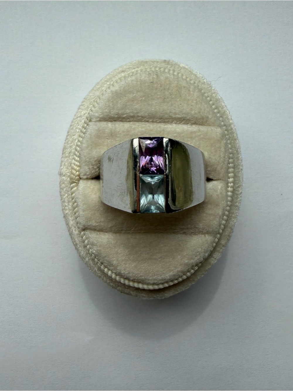 Silver Two-Gem Blue & Purple Ring Size 9 Chunky Modernist Statement Cocktail - Picture 7 of 8